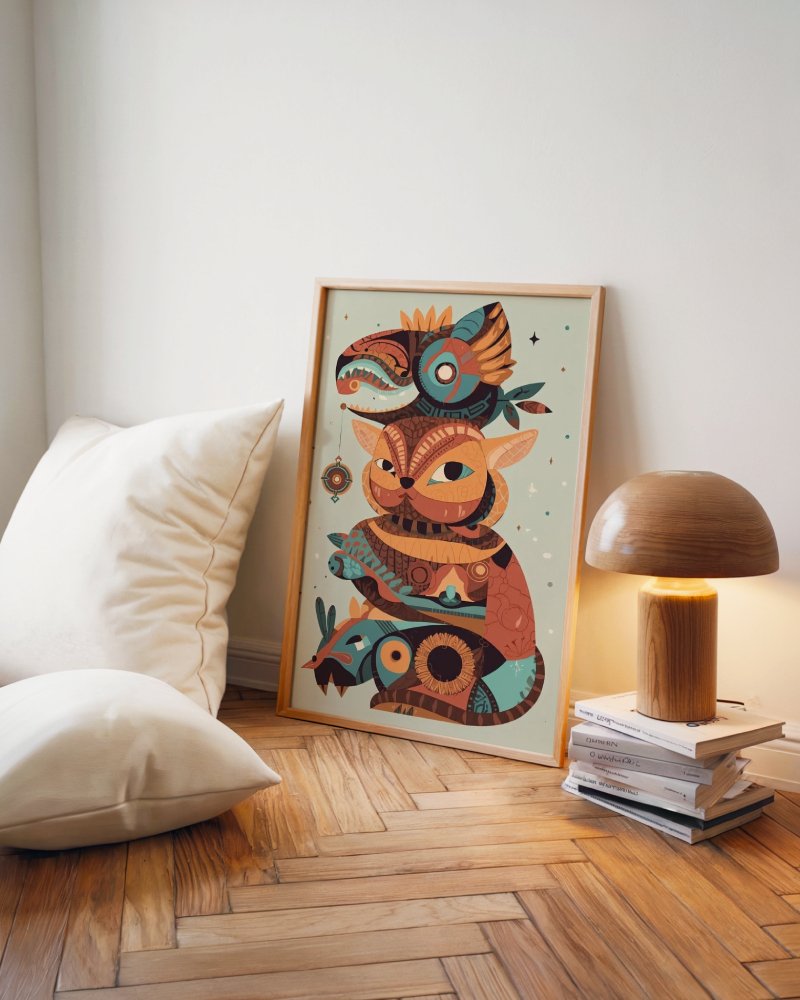 Guardian Owl art print, in room, decorative owl illustration in warm colors, wall art by The Nomad Archive