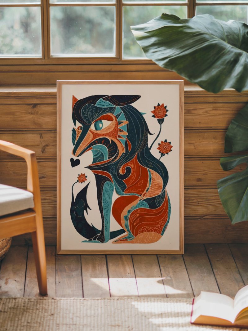Wildflower Wolf art print, living room, illustrated wolf with botanical details, wall art by The Nomad Archive