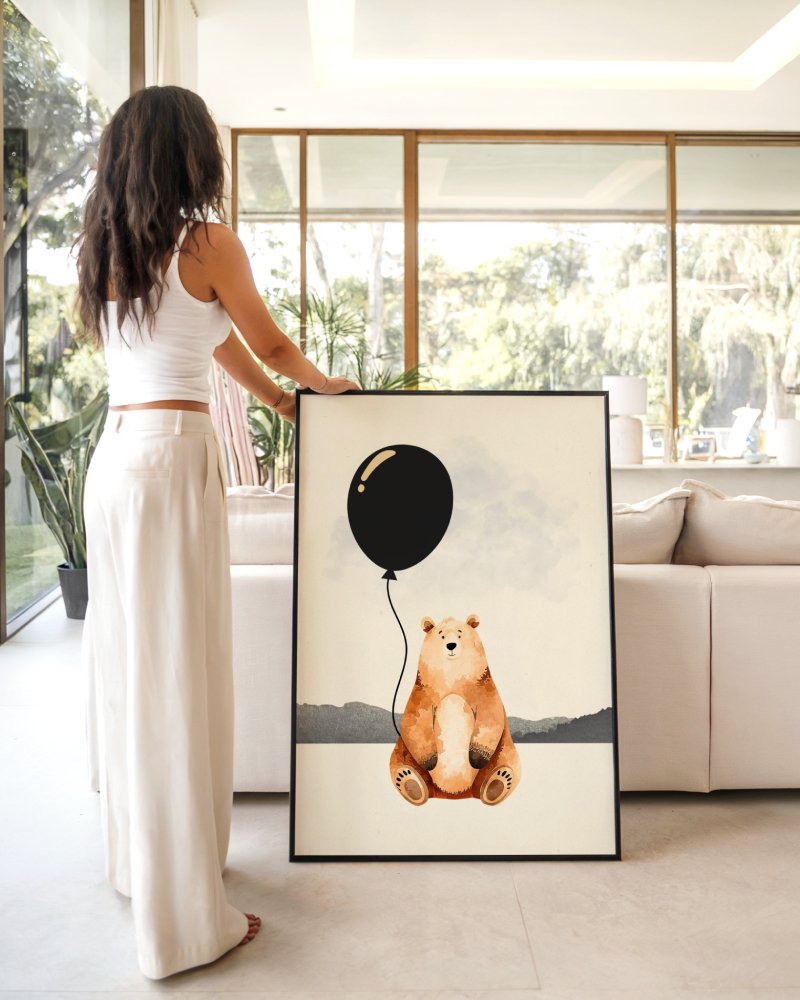 Moody Bear art print, in living room, minimalist bear illustration in muted tones, wall art by The Nomad Archive