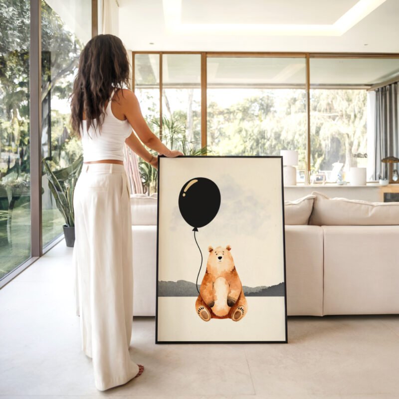 Moody_vear-lifestyle Moody Bear art print, in living room, minimalist bear illustration in muted tones, wall art by The Nomad Archive