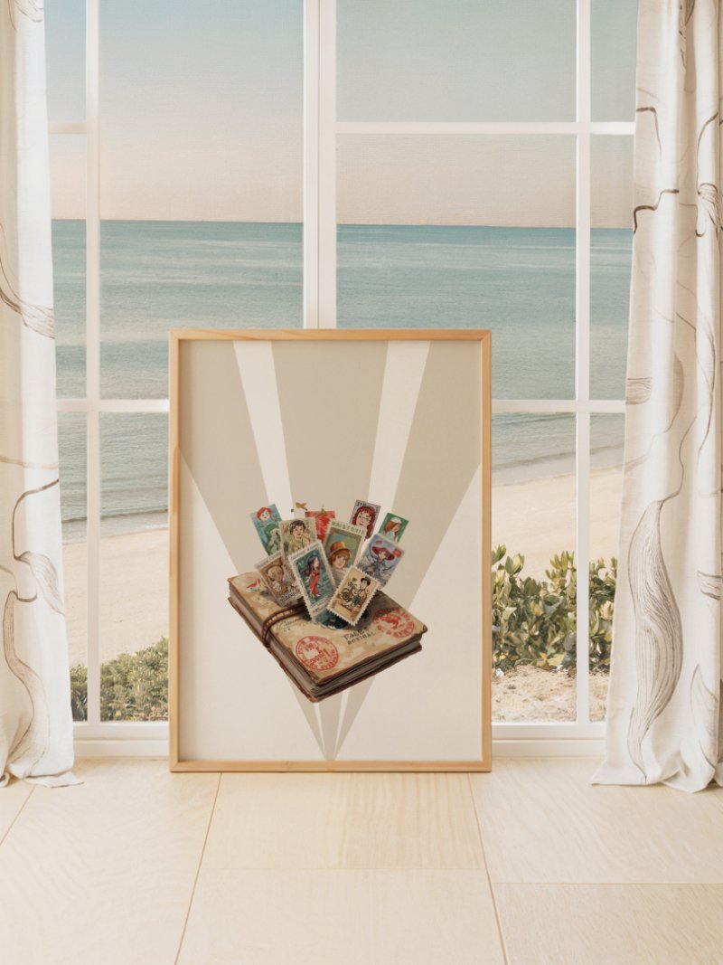Postcard Essentials art print with a backview, minimalist travel-inspired illustrations, wall art by The Nomad Archive