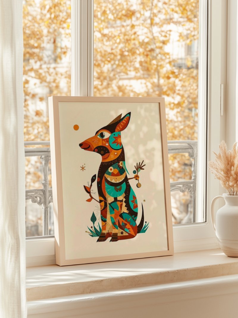 Quiet Watchdog art print, framed, colorful folk art dog illustration, wall art by The Nomad Archive