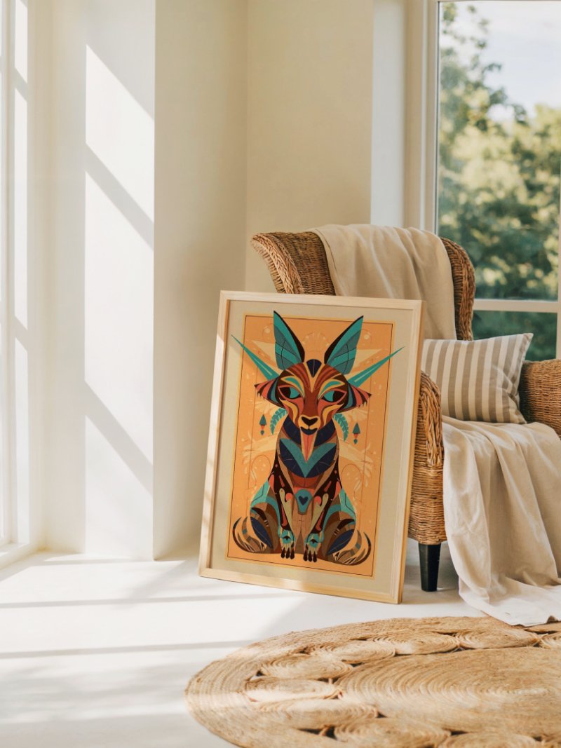 Sacred Goat art print in room, decorative goat illustration in rich tones, wall art by The Nomad Archive