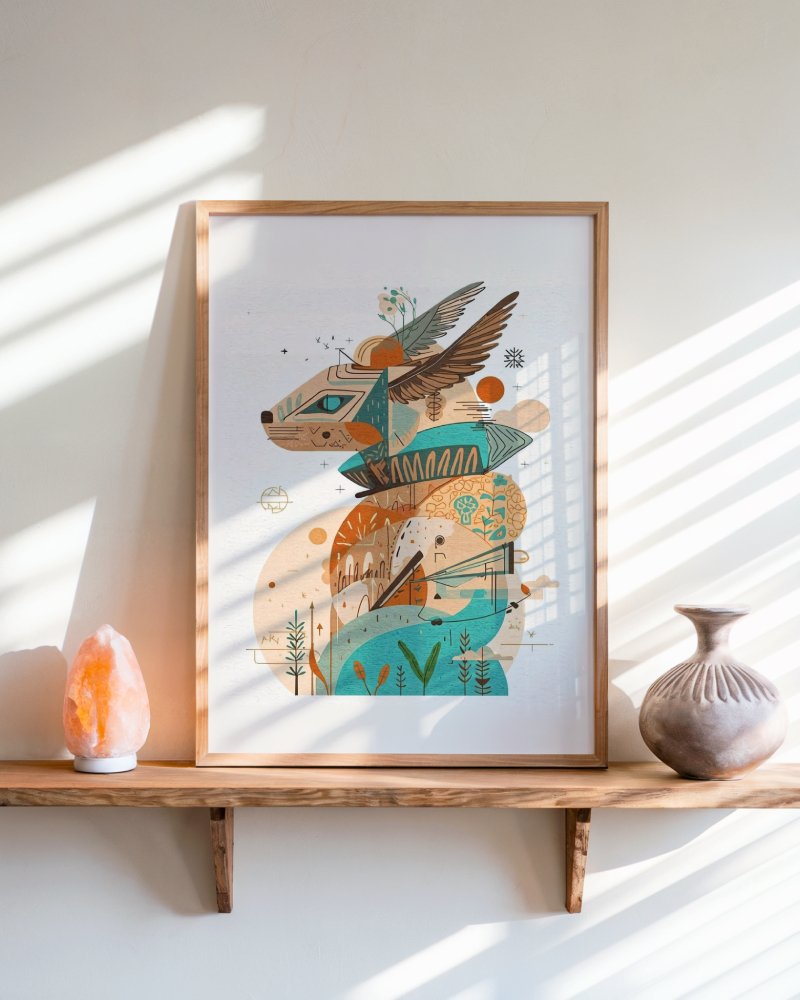 Skybound Fox art print, framed, colorful folk art fox illustration, wall art by The Nomad Archive