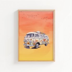 Sunset Wanderer art print, warm landscape illustration at golden hour, wall art by The Nomad Archive
