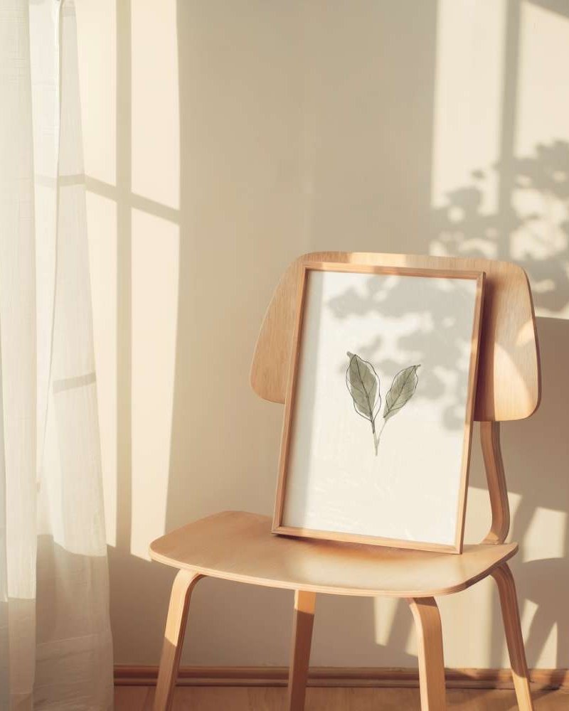 The Leaf art print, in room, minimalist botanical line drawing, wall art by The Nomad Archive